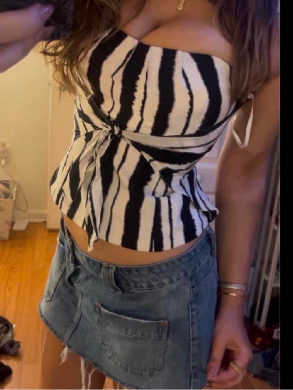 White House Black Market Black & White Strapless Zebra-Print Tie-Front Camisole